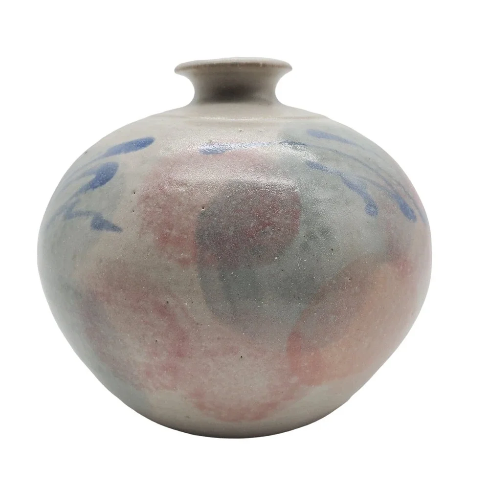 Gray Squat Art Pottery Vase Pastel Pink Blue Abstract Signed Ceramic Pot Vintage